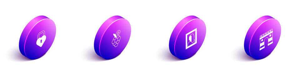 Set Isometric Castle in the shape of heart, Grape fruit, Portrait picture museum and Triumphal Arch icon. Vector