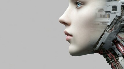 Futuristic integration, woman with robot head connected to machine exploring the boundaries of human and artificial intelligence