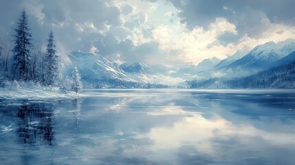 Frozen lake reflecting a serene winter landscape under a cloudy sky in the afternoon light