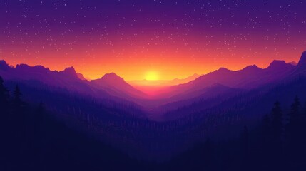A pixelated landscape with a smooth gradient sky shifting from a golden sunrise to a deep purple twilight in a 8-bit style