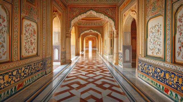 Badal Mahals long corridor highlights intricate architecture, portraying a stunning work of art. This corridor captures the essence of the historic palace with ample photo style copy space.