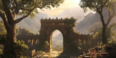 Naklejka premium A vertical image showcases a gate that opens into a medieval fortress, featuring intricately carved arches, encased by sturdy stone walls, trees, and far off mountains under a bright sun.