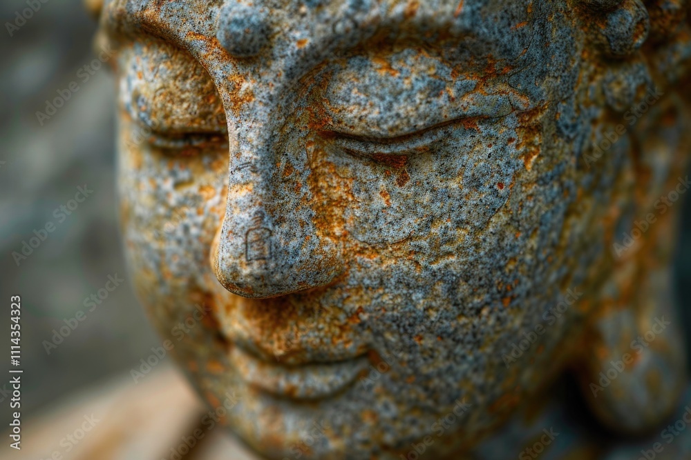 Poster a detailed view of a statue featuring a person's face, with intricate facial features and expression