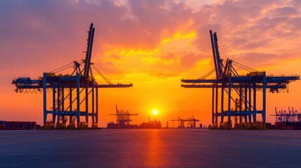 Fototapeta premium Stunning Sunset Over a Port with Cranes and Shipping Containers, Creating a Striking Industrial Silhouette Against a Colorful Sky