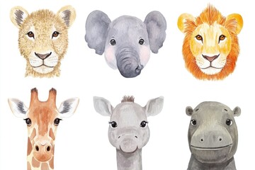 Fototapeta premium Four colorful animal heads depicted in watercolor style