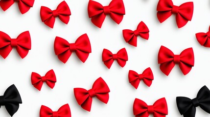Bunch of red bows are arranged in a pattern on a white background. The bows are of different sizes and are placed in various positions, creating a sense of movement and depth