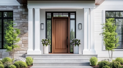 Fototapeta premium A wooden front door, surrounded by windows, with white, blue, and stone siding