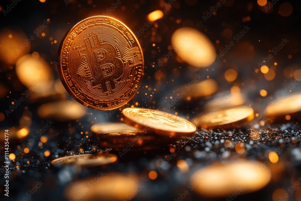 Aufkleber a single bitcoin falls from a stack of coins, ideal for financial or technology-related uses