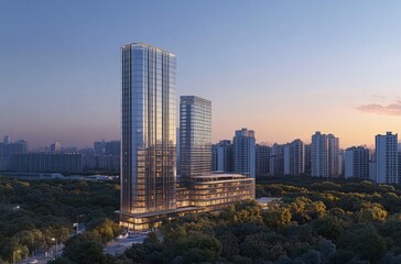 Obraz premium Aerial view of a city at night showcasing a solitary apartment building and office towers with illuminated facades, highlighting the vibrant real estate and commercial districts of the urban skyline.