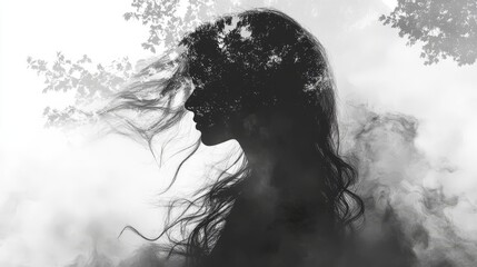 Fototapeta premium Silhouette of young female with tree and smoke effect overlay