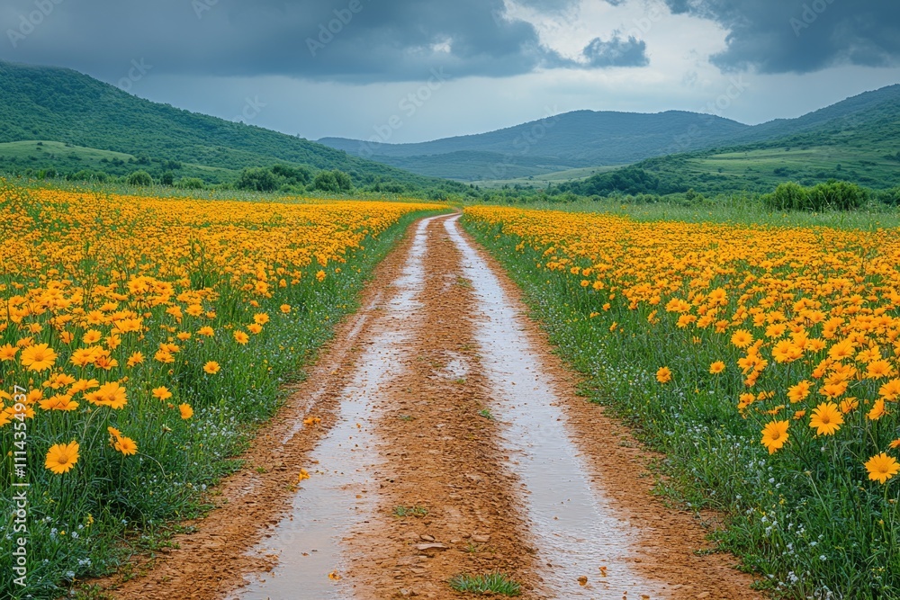 Poster a dirt road surrounded by a field of bright yellow flowers, perfect for use as a background or to ad