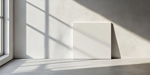 Obraz premium A light grey minimalist canvas poster, framed in white, rests on a concrete floor beneath an empty wall, with a view of the window nearby.