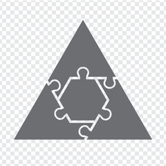 Simple icon triangle puzzle in gray. Simple icon puzzle of the three elements and hexagon center on transparent background. Vector illustration for your web site design, logo, app, UI. EPS10.