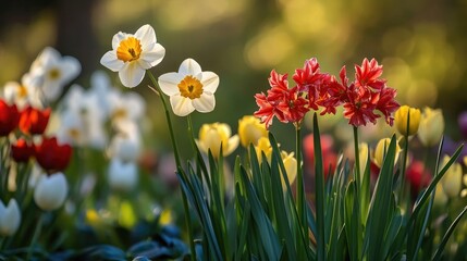 Obraz premium Vibrant spring flowers create a stunning garden scene with a softly blurred background, ideal for a holiday card. The flowers bring a cheerful atmosphere perfect for spring.