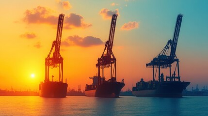 Obraz premium Majestic Sunset Over Maritime Industry with Silhouetted Cranes and Cargo Ships in Port, Creating a Stunning Sky and Reflecting Golden Waves on Water's Surface