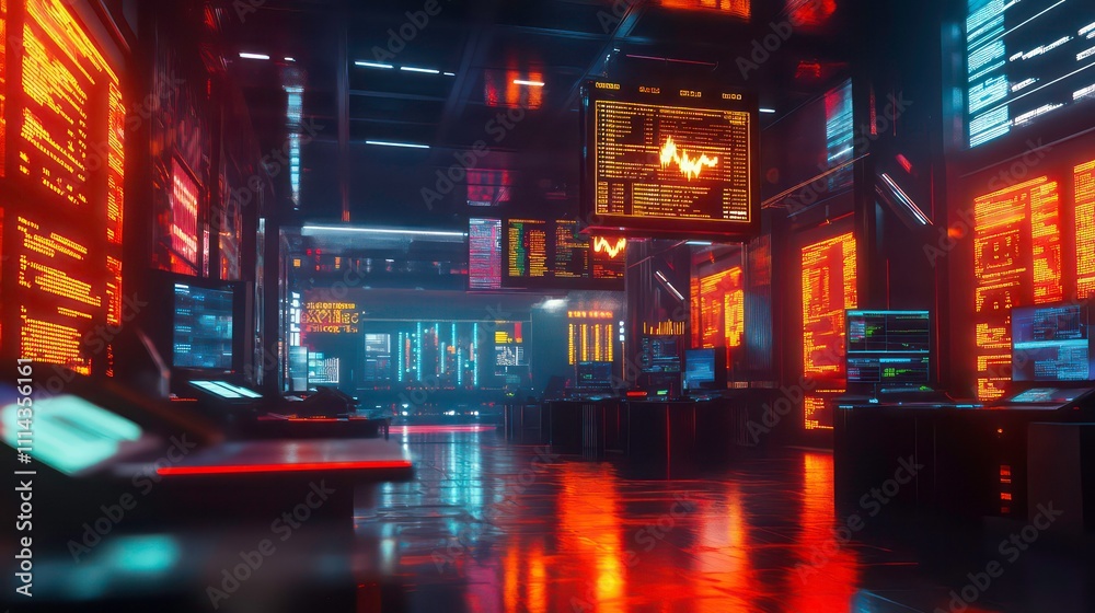 Poster Futuristic server room interior with glowing screens displaying data and graphs.