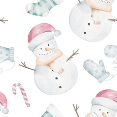 Watercolor Christmas winter hand drawn seamless pattern with snowman, mittens, candy cane, stocking