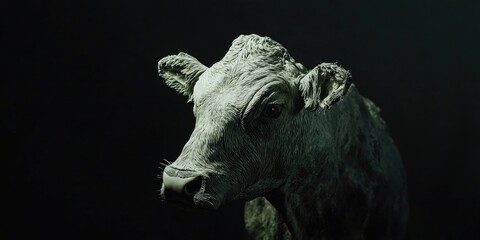 Fototapeta premium A detailed view of a cows head prominently set against a dark background creates a striking visual contrast, highlighting the cows features against the deep black.