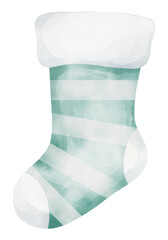 Watercolor Striped Stocking, Green Sock, isolated on white background