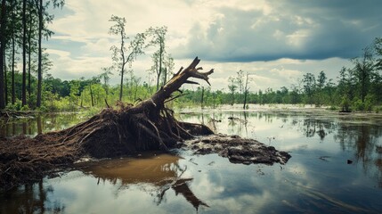 Deforestation and natural disaster are evident in this scene, where a tree uprooted from floodwaters illustrates the impact of environmental changes. The photo offers ample copy space.