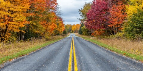 Naklejka premium A picturesque road in autumn is flanked by trees bursting with the vivid colors of fall, showcasing the beauty of the season all around.