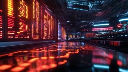 A digital trading floor with cryptocurrency prices floating above an abstract, high-tech environment.