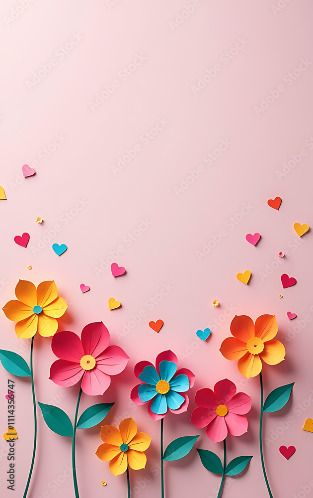 Aufkleber Colorful paper flowers and heart confetti create a beautiful scene with space for personal message on soft pastel background._00001_