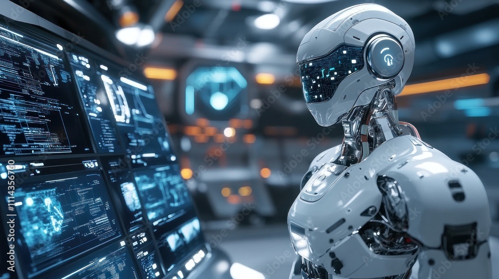 Poster advanced ai robot monitoring data streams in futuristic control room