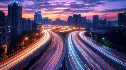 Fototapeta premium High-Tech Expressway at Dusk with Dynamic Light Trails and Skyline
