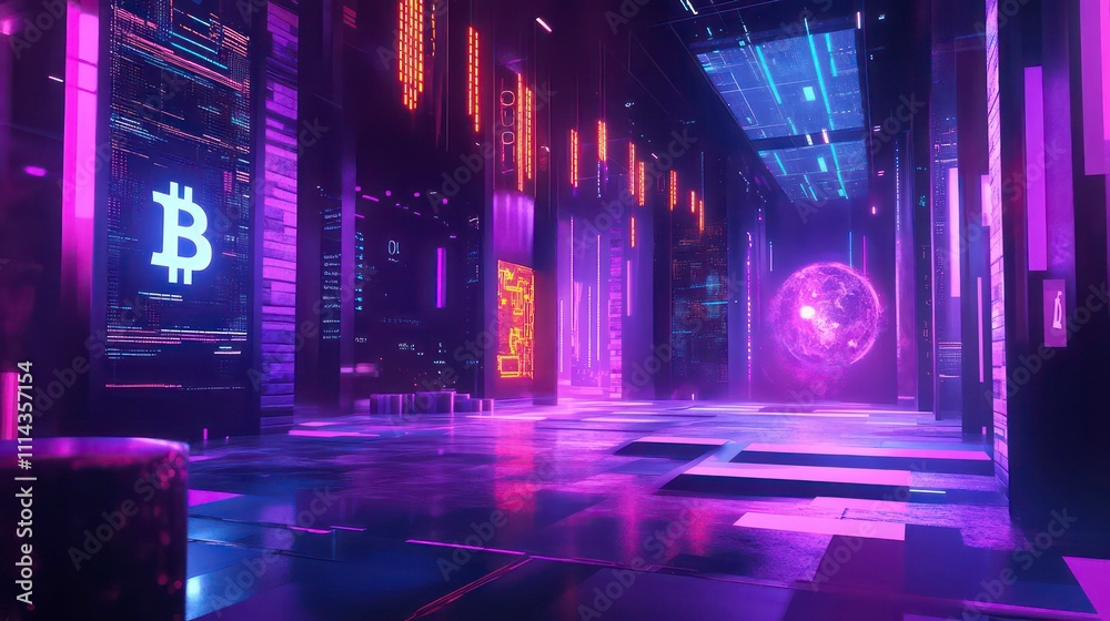Aufkleber A digital trading floor with cryptocurrency prices floating above an abstract, high-tech environment.
