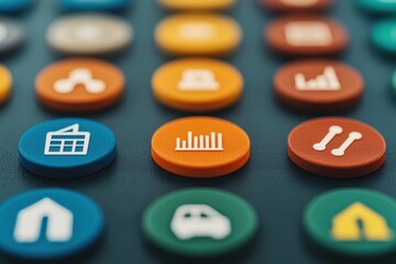 Fototapeta premium Colorful circular icons representing diverse resources and global economy concepts