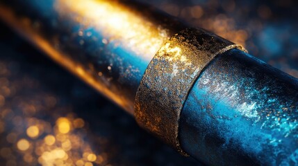 A detailed macro image of a metallic tube in blue and gold hues, featuring a textured dark band on one end. The macro shot creates a striking visual with ample copy space.