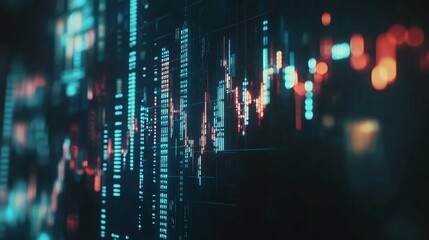 Abstract financial data visualization on a screen, showing stock market charts and graphs with glowing lines and numbers.