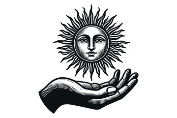 Vintage black-and-white engraving of a radiant sun with a human face hovering above an open hand. Thick, bold lines and intricate details create a classic, antique aesthetic. Print, tattoo sketch