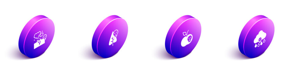 Set Isometric Poisonous cloud of gas or smoke, flower, apple and Acid rain icon. Vector