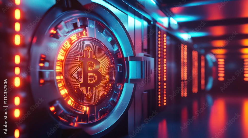 Poster bitcoin in a futuristic high-tech vault, glowing with red and blue lights.