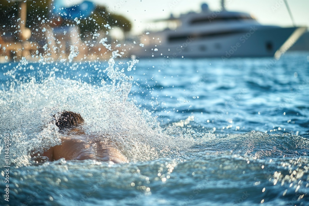 Poster A person swimming in calm water with a boat visible in the distance, suitable for use as a calming visual element or to represent relaxation and leisure activities