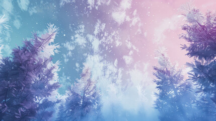 Scenic winter background with towering pine trees dusted in snow, under a vibrant morning sky
