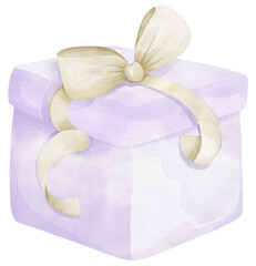 Watercolor Purple gift box with gold ribbon bow illustration, isolated on white background