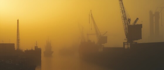 Obraz premium Captivating Foggy Industrial Harbor at Dawn Featuring Cranes and Ships for Use in Maritime and Urban Design Projects