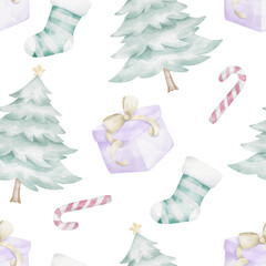 Watercolor Christmas winter hand drawn seamless pattern with Christmas tree, gift box, candy cane, stocking
