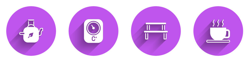 Set Teapot with leaf, Sauna thermometer, wood bench and Cup of tea icon with long shadow. Vector