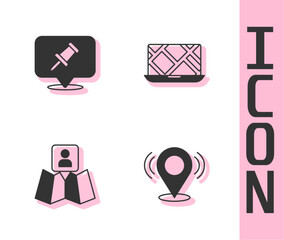 Set Map pin, Push, Folded map with location marker and City navigation icon. Vector