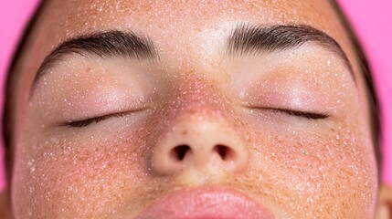 Fototapeta premium Woman with a pink background and a face covered in glitter. The glitter is covering her face and neck