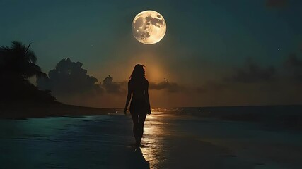 Silhouette of a woman walking along the beach under a full moon. - Powered by Adobe