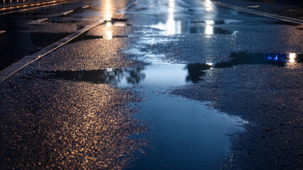 Rainy night in a little city, reflection of city lights on the wet road surface. The view from the street level feet of pedestrians. abstract background. defocused, depth of field, bokeh