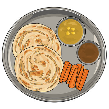 Roti canai or paratha indian traditional food, chapati, flat bread, parotta, cartoon illustration.