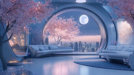 Futuristic living room with large circular window showcasing a moonlit cityscape and cherry blossom trees.