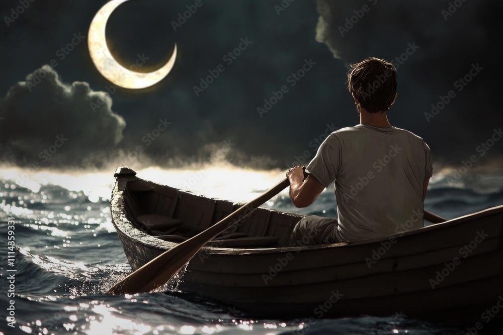 Poster a person rows a small boat in the open ocean