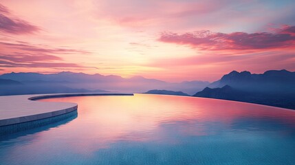 Naklejka premium Luxury infinity swimming pool in a crescent shape reflects the beautiful sunset glow, with majestic mountains visible in the background, offering a serene atmosphere and photo style copy space.